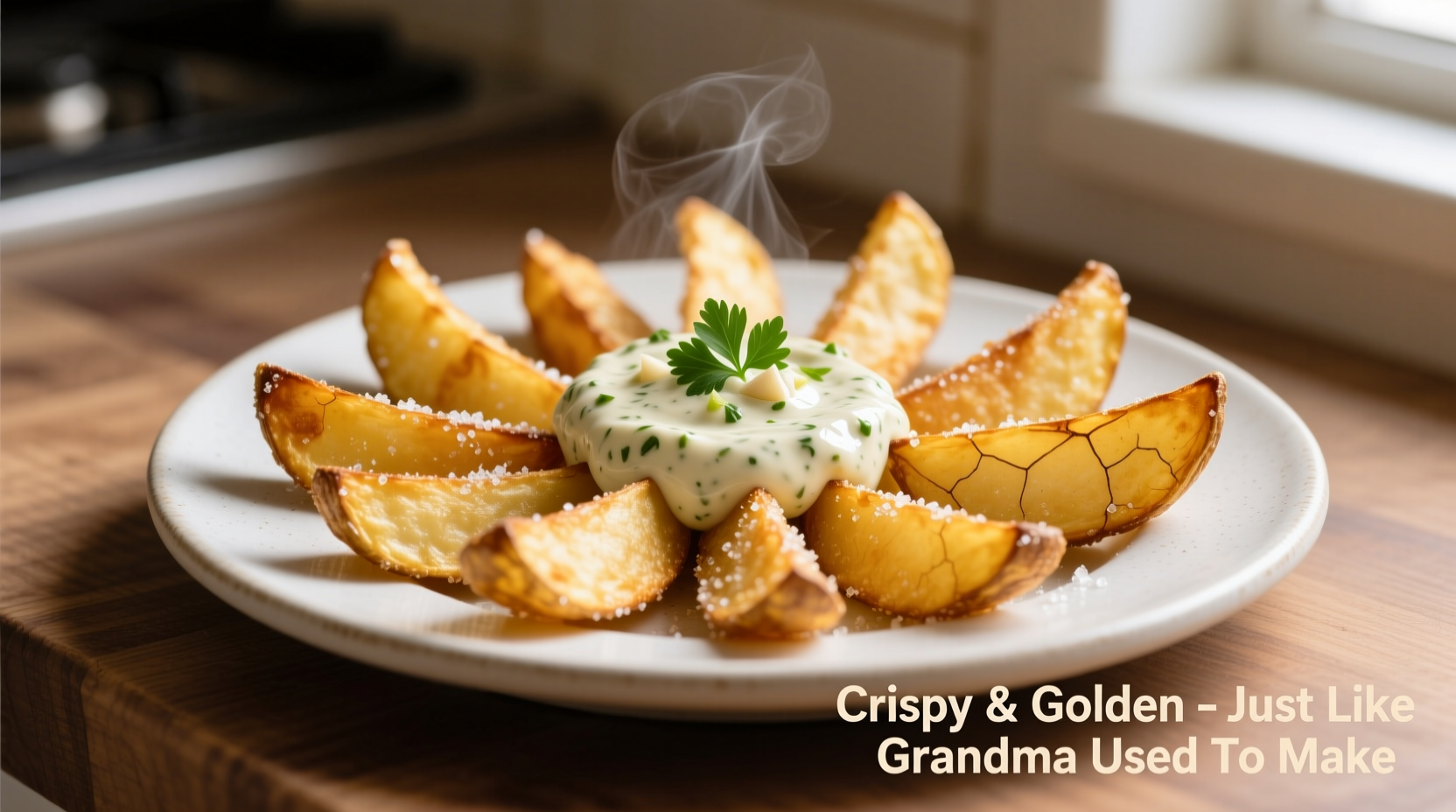 Golden crispy potato wedges on white plate with dipping sauce
