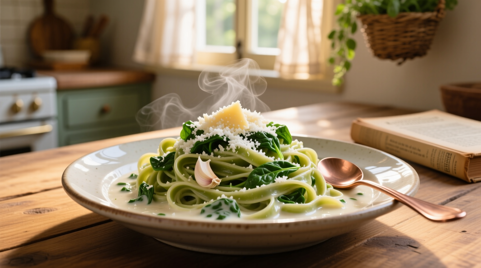 Creamy spinach pasta with garlic and parmesan