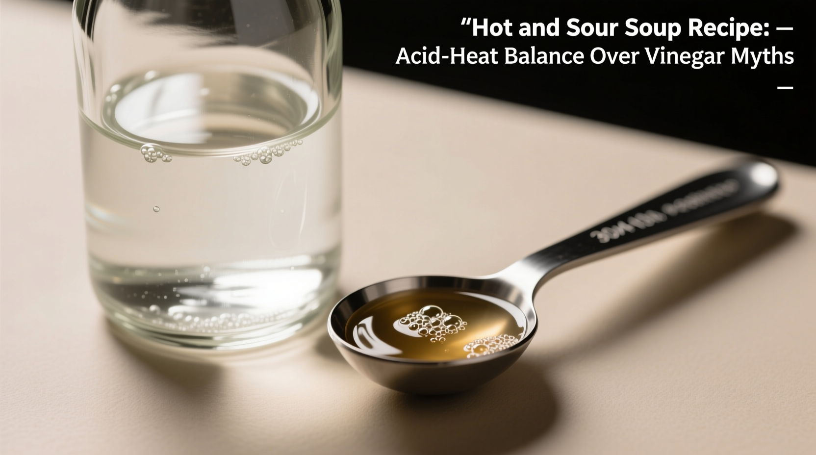 Close-up of white vinegar bottle next to measuring spoon showing precise 3-tablespoon pour for authentic sour base