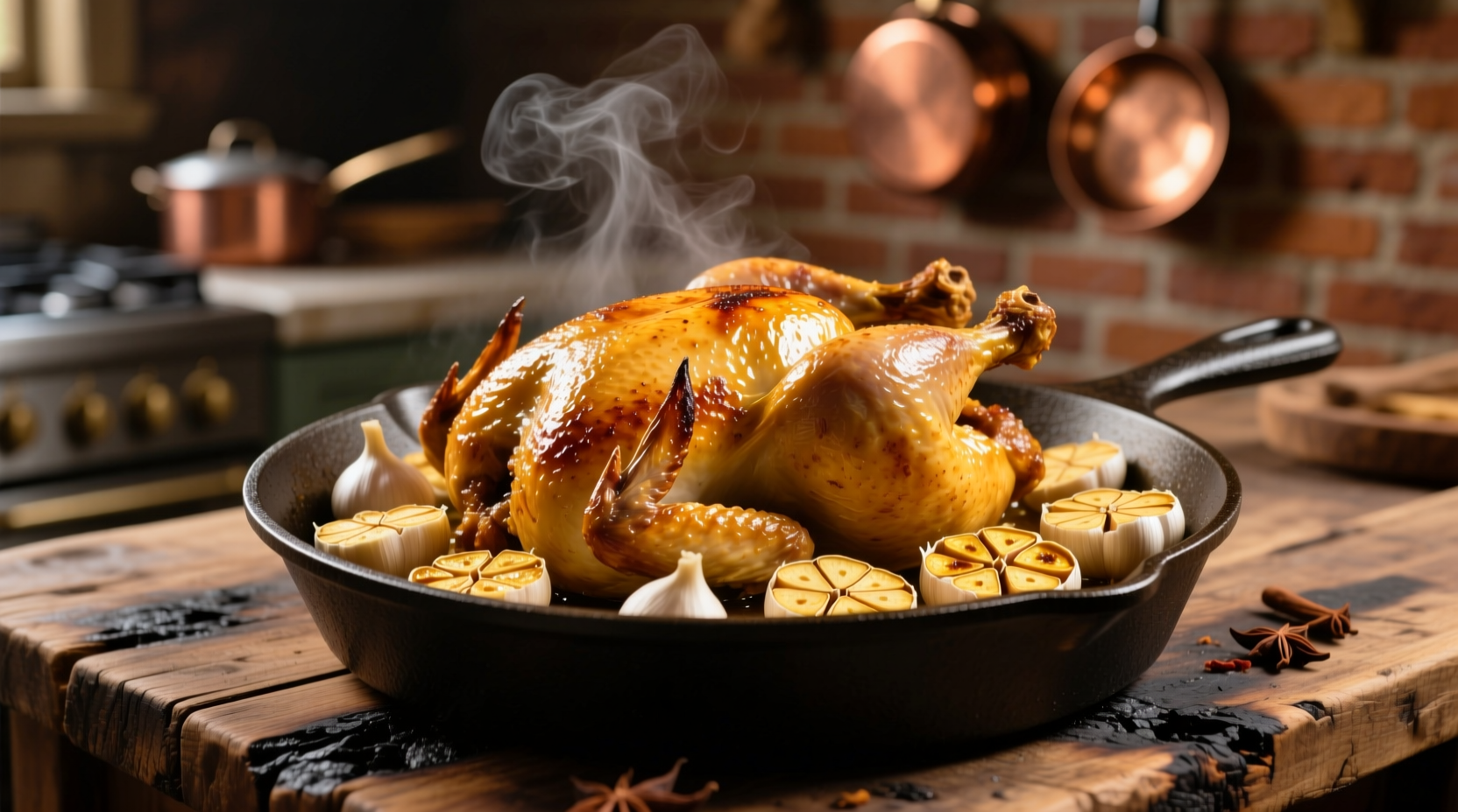 Roasted chicken surrounded by golden garlic cloves in cast iron skillet