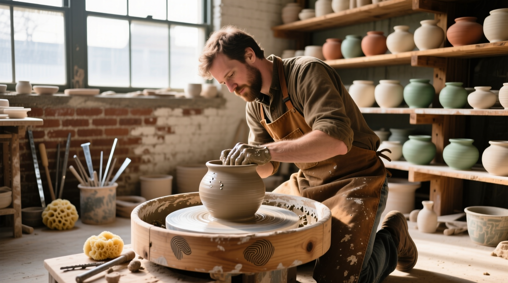 Artisan demonstrating pottery wheel technique in Plainfield studio