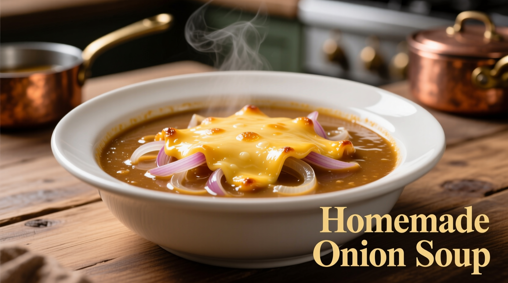 Golden vegetarian onion soup in white bowl with melted cheese