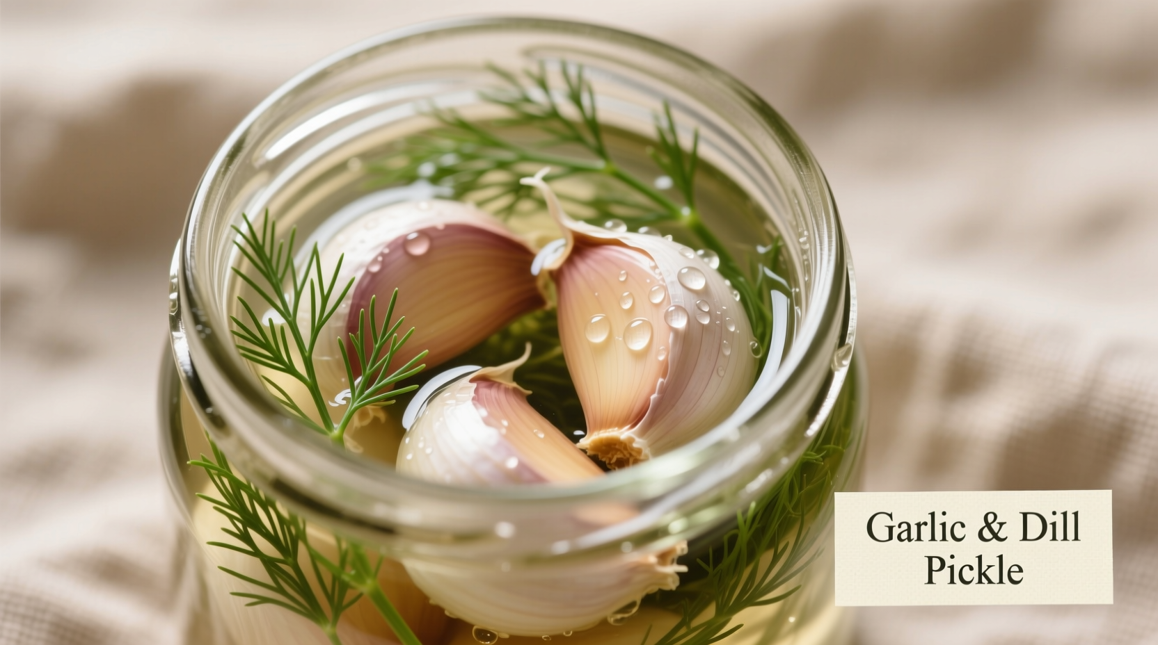 Fresh garlic cloves submerged in clear vinegar brine with dill sprigs