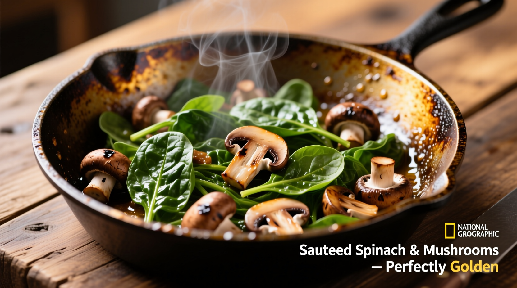 Perfect sautéed spinach and mushrooms in cast iron skillet