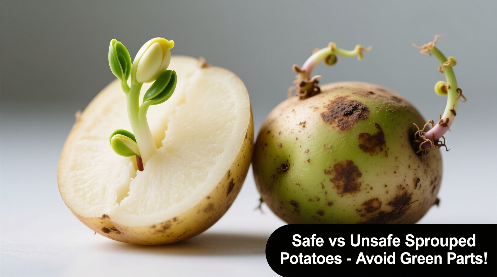 Close-up comparison of safe versus unsafe sprouted potatoes