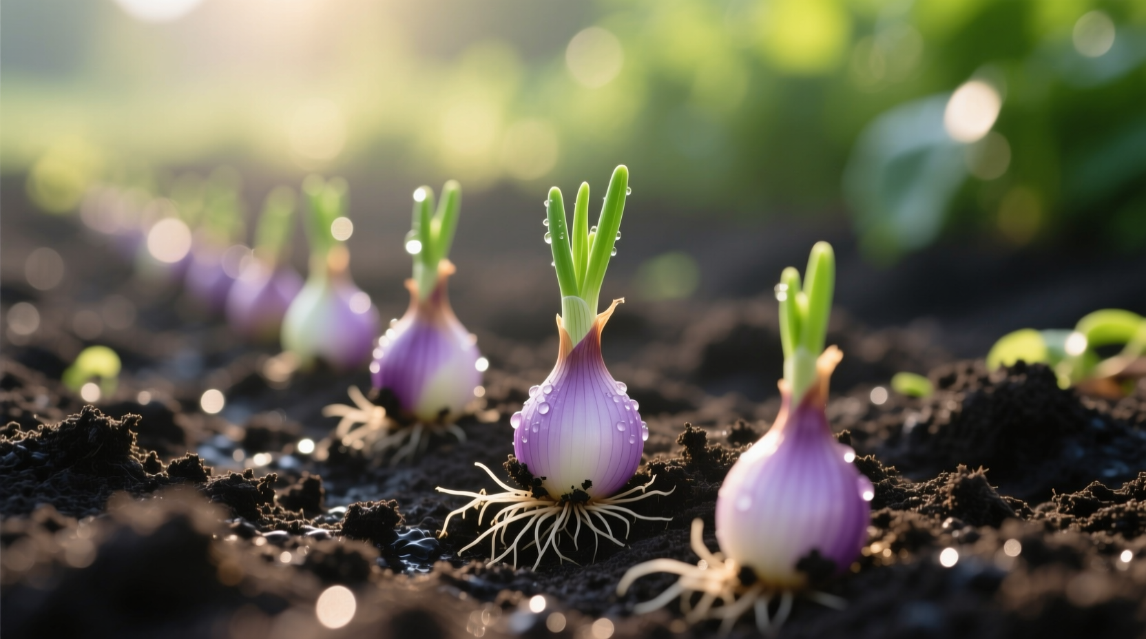 Close-up of freshly planted onion sets in garden soil