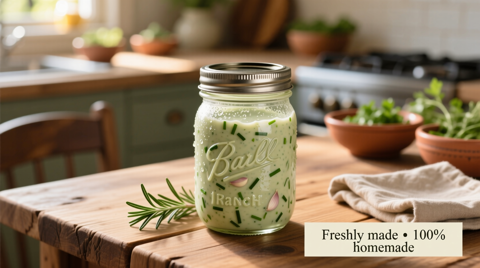 Homemade garlic ranch dressing in mason jar with fresh herbs