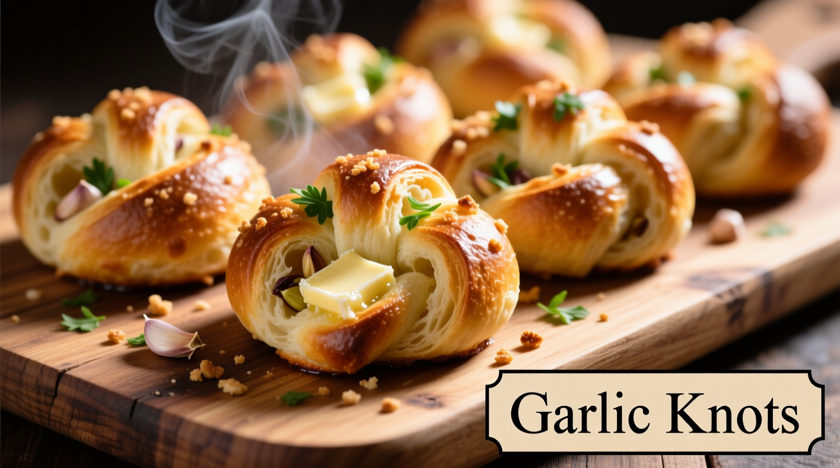 Freshly baked garlic knots on wooden board