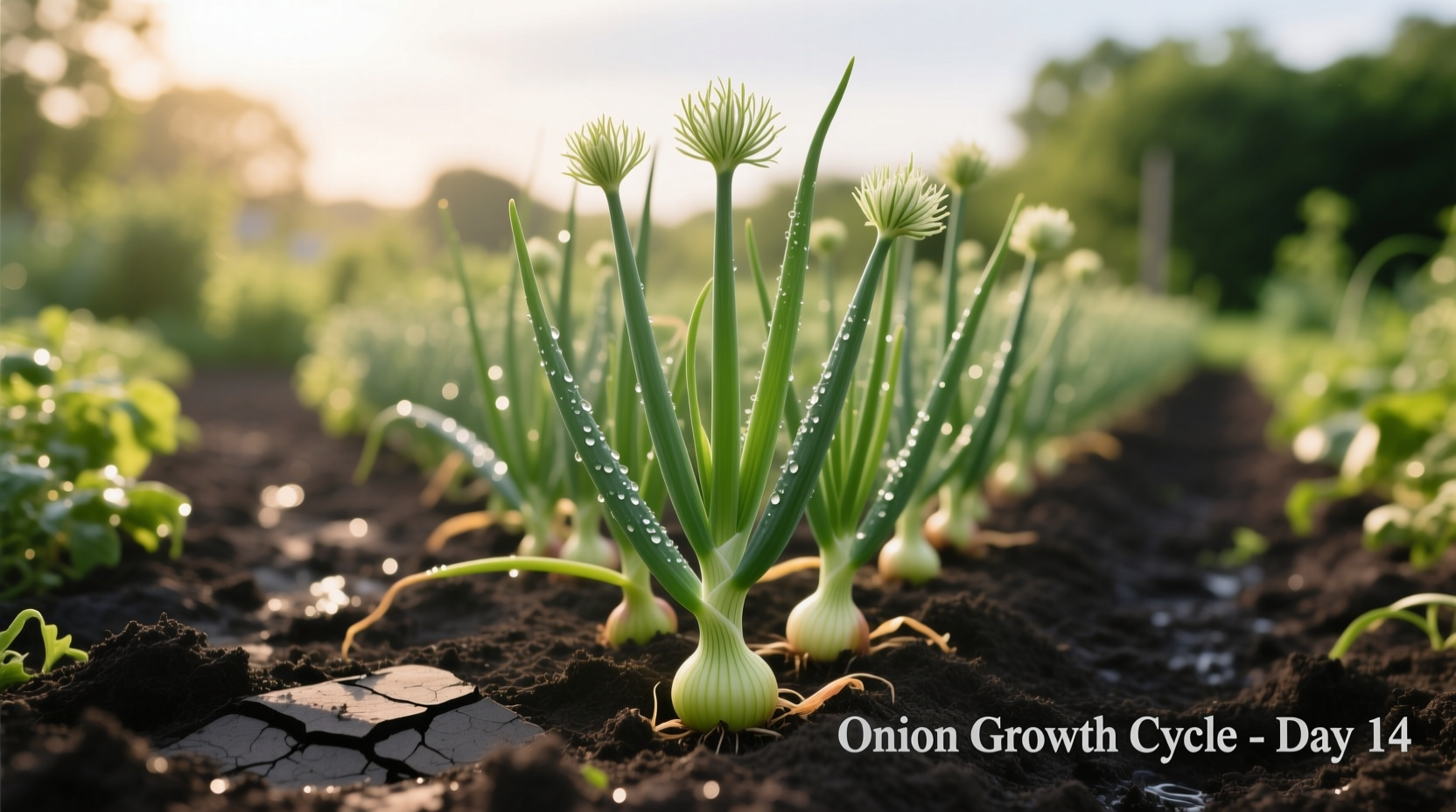 Long day onion plants growing in garden soil