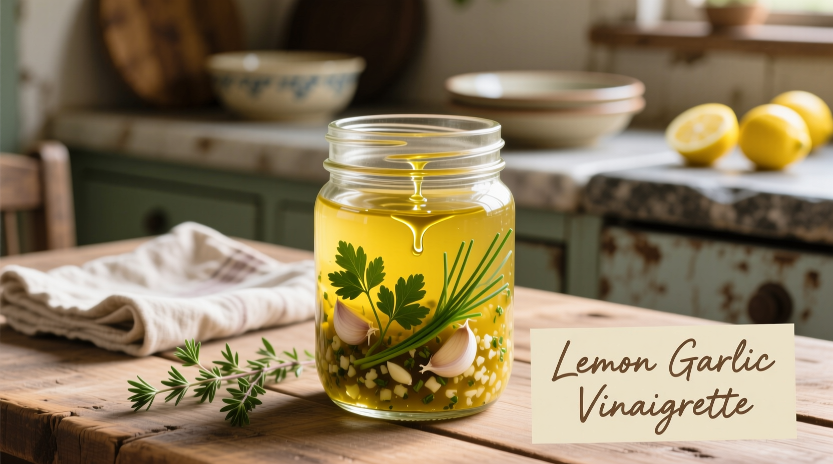 Fresh lemon garlic vinaigrette in glass jar with herbs