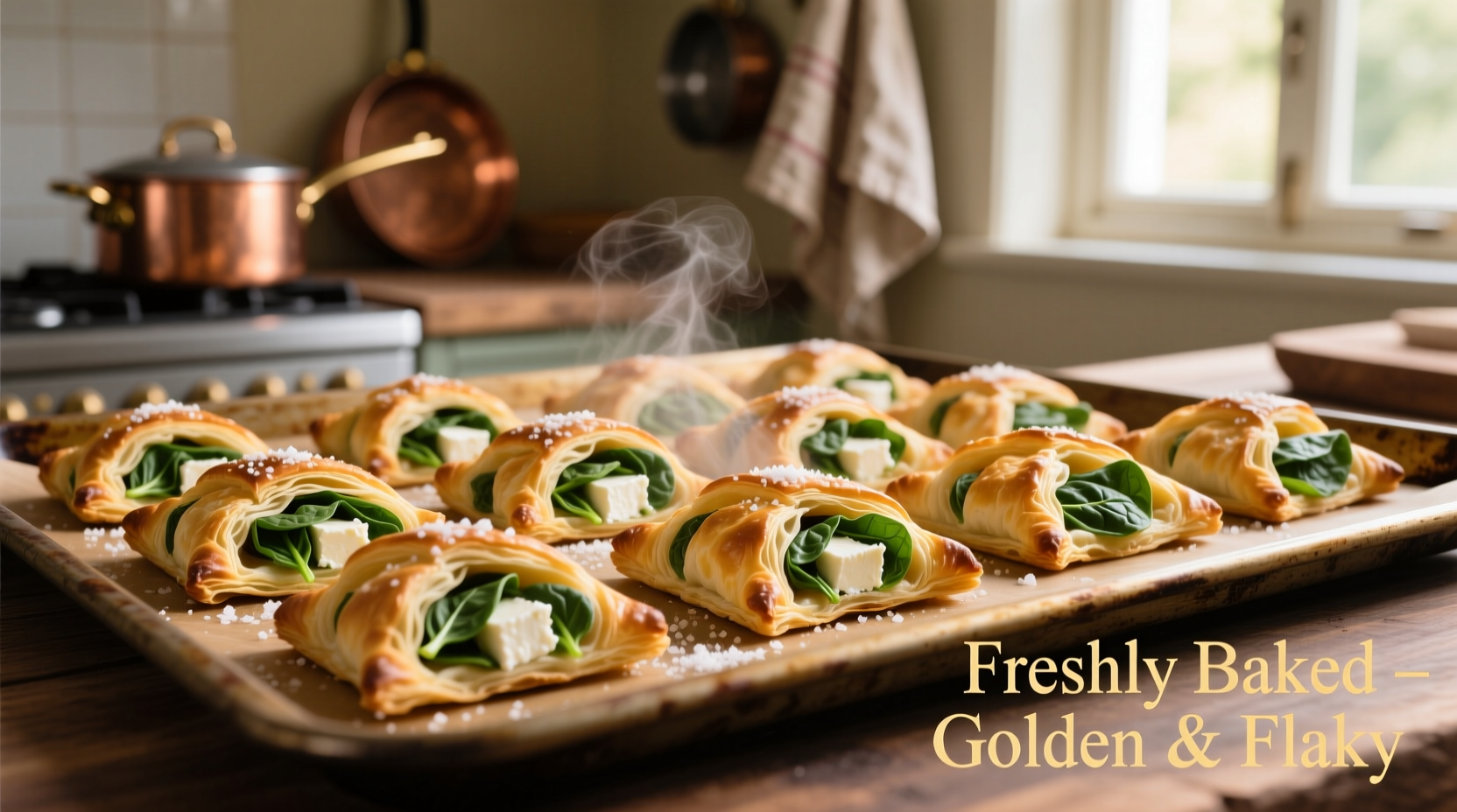 Golden spinach feta puff pastry triangles on baking sheet