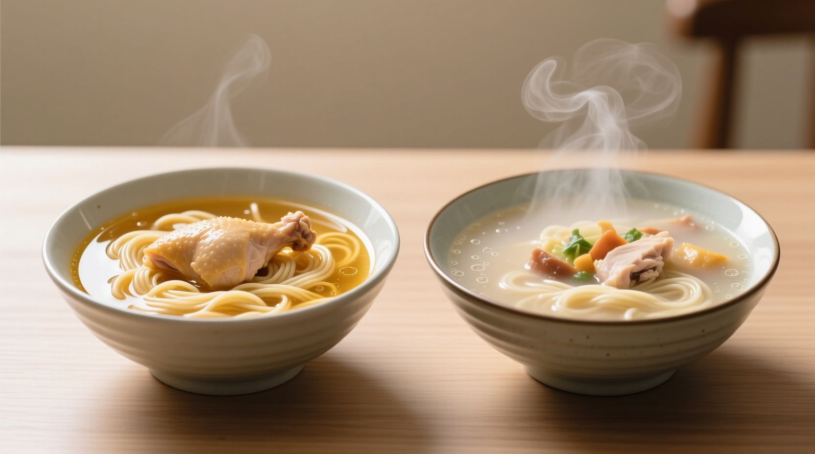 Side-by-side comparison: clear broth vs cloudy broth in identical bowls