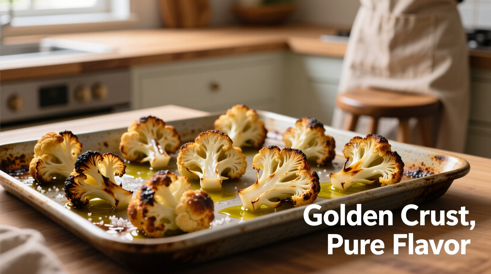 Golden brown oven baked cauliflower on baking sheet