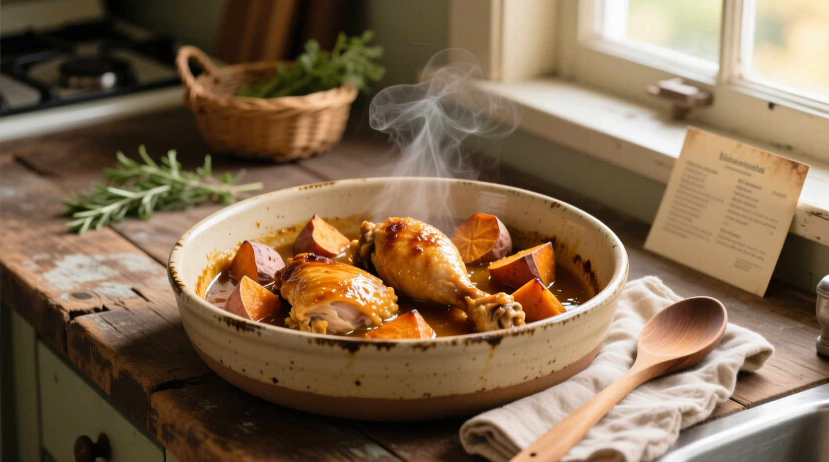 Chicken and sweet potato slow cooker meal in ceramic dish