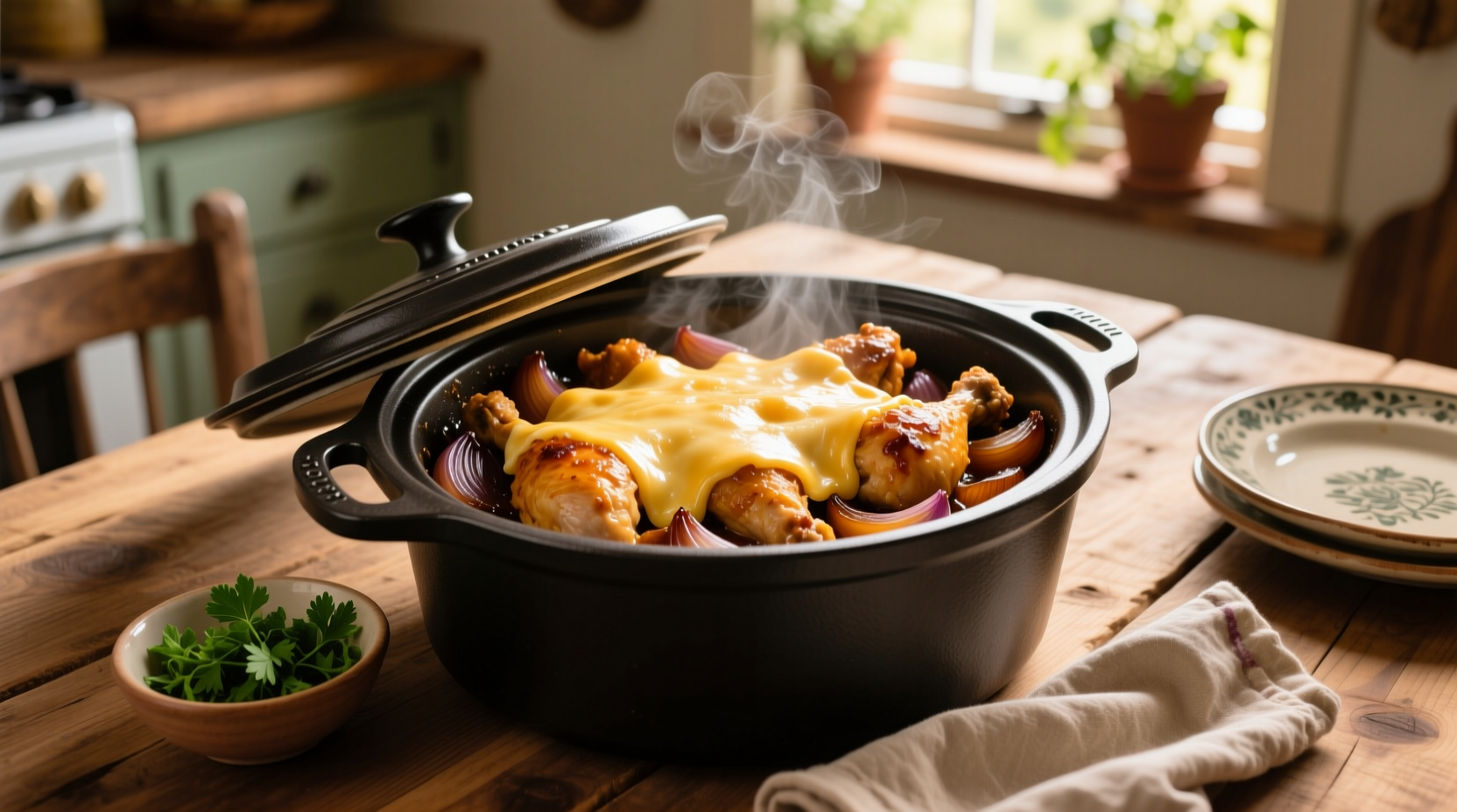 Slow cooker French onion chicken with melted cheese topping