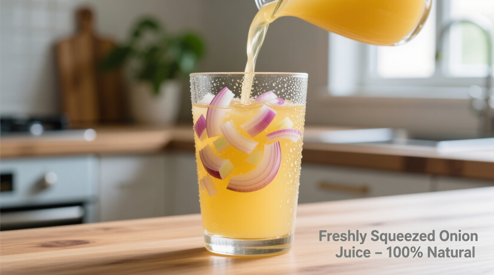 Freshly made onion juice in glass container with chopped onions