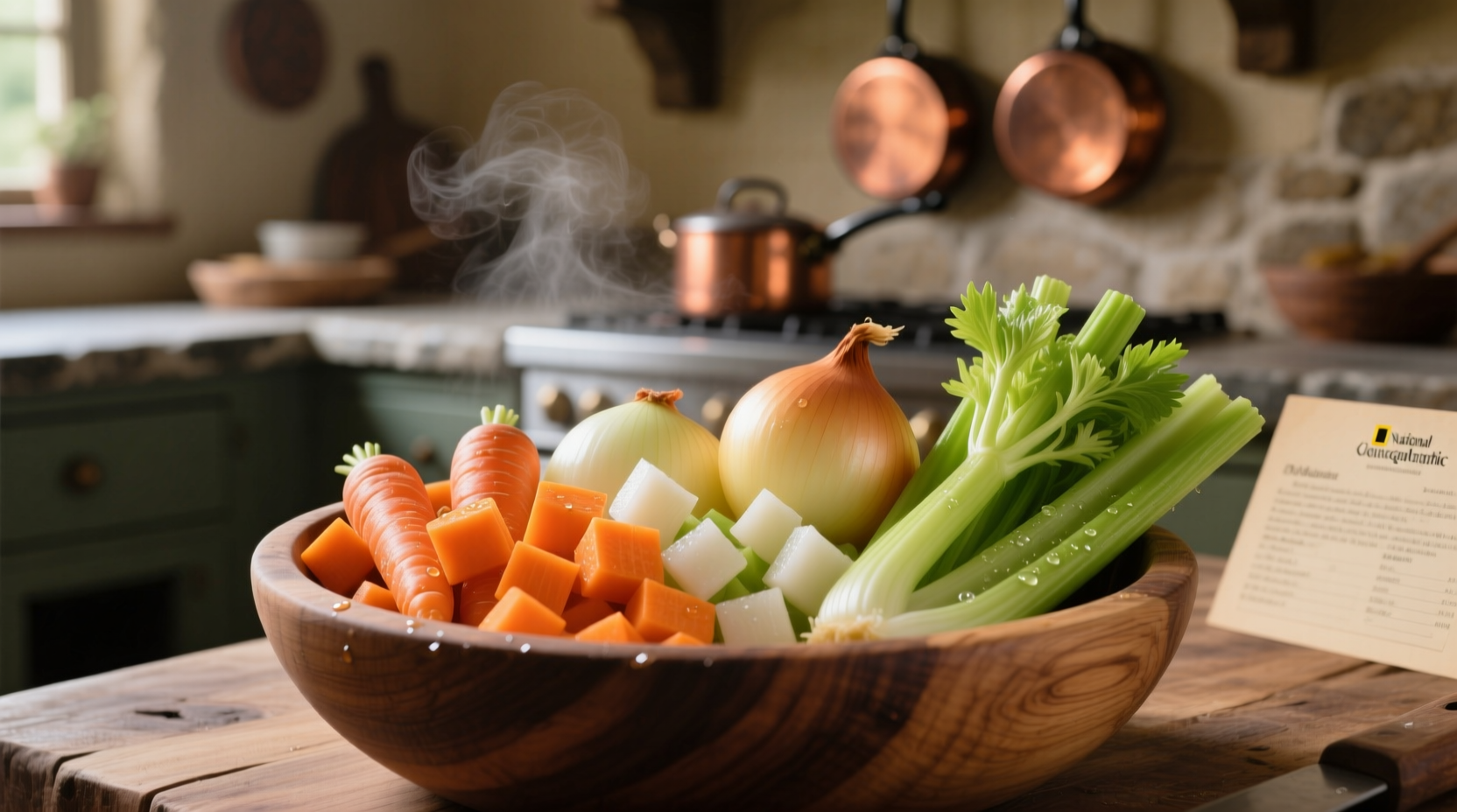 Fresh mirepoix vegetables chopped and ready for cooking