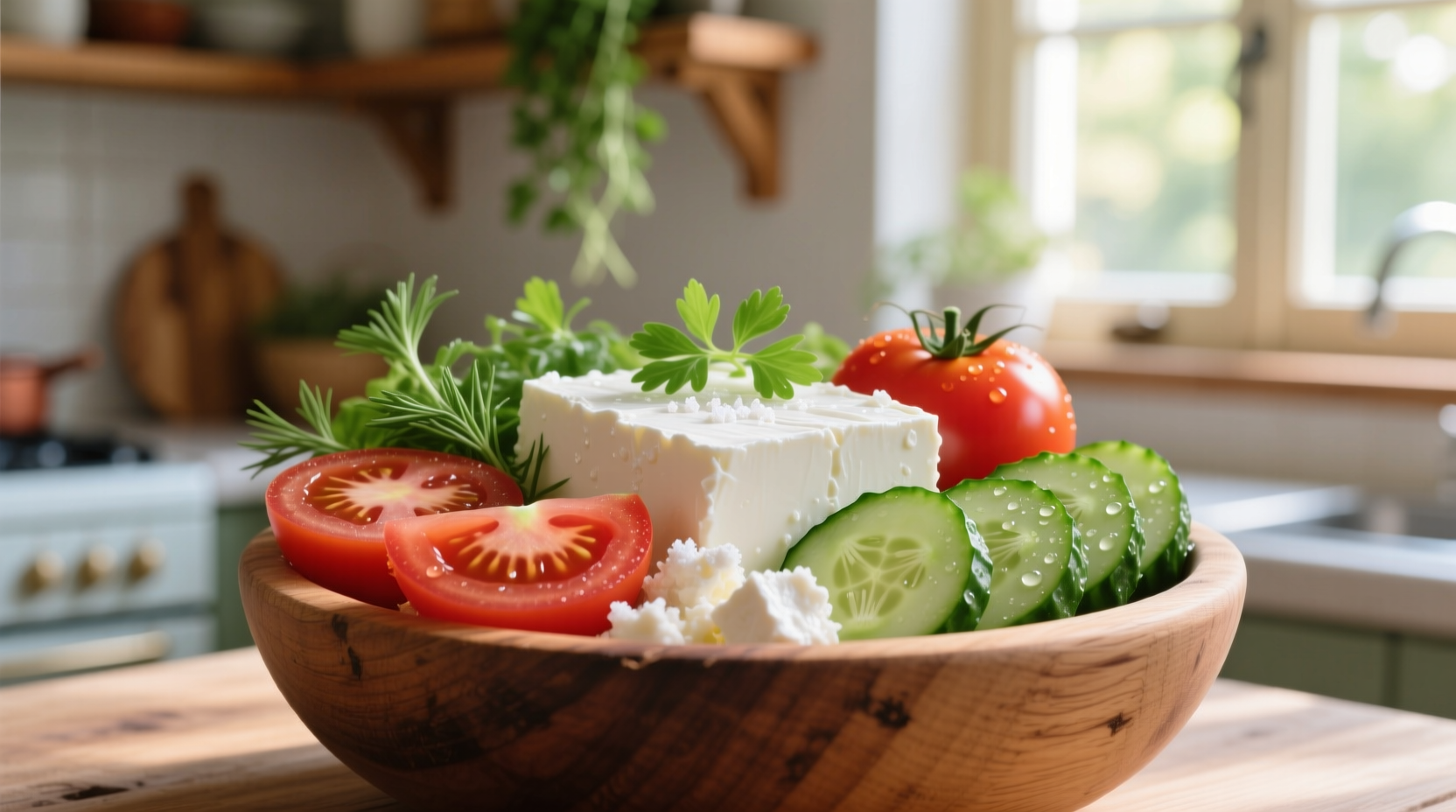 Fresh feta cheese tomato cucumber salad in wooden bowl