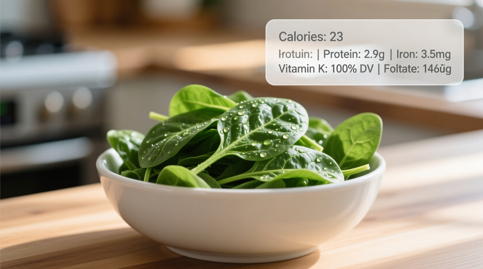 Fresh spinach leaves in a bowl with nutritional information