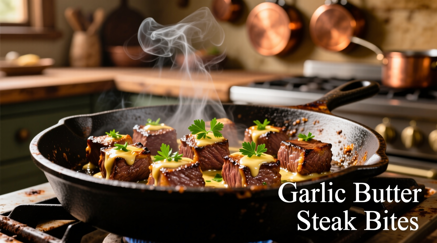 Sizzling garlic butter steak bites in cast iron skillet