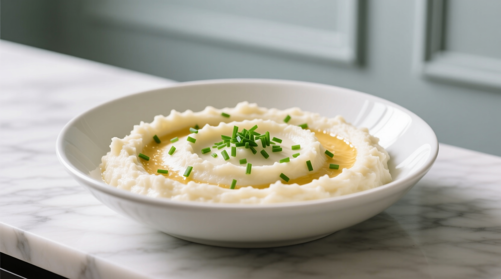 Creamy mashed cauliflower in white bowl with chives