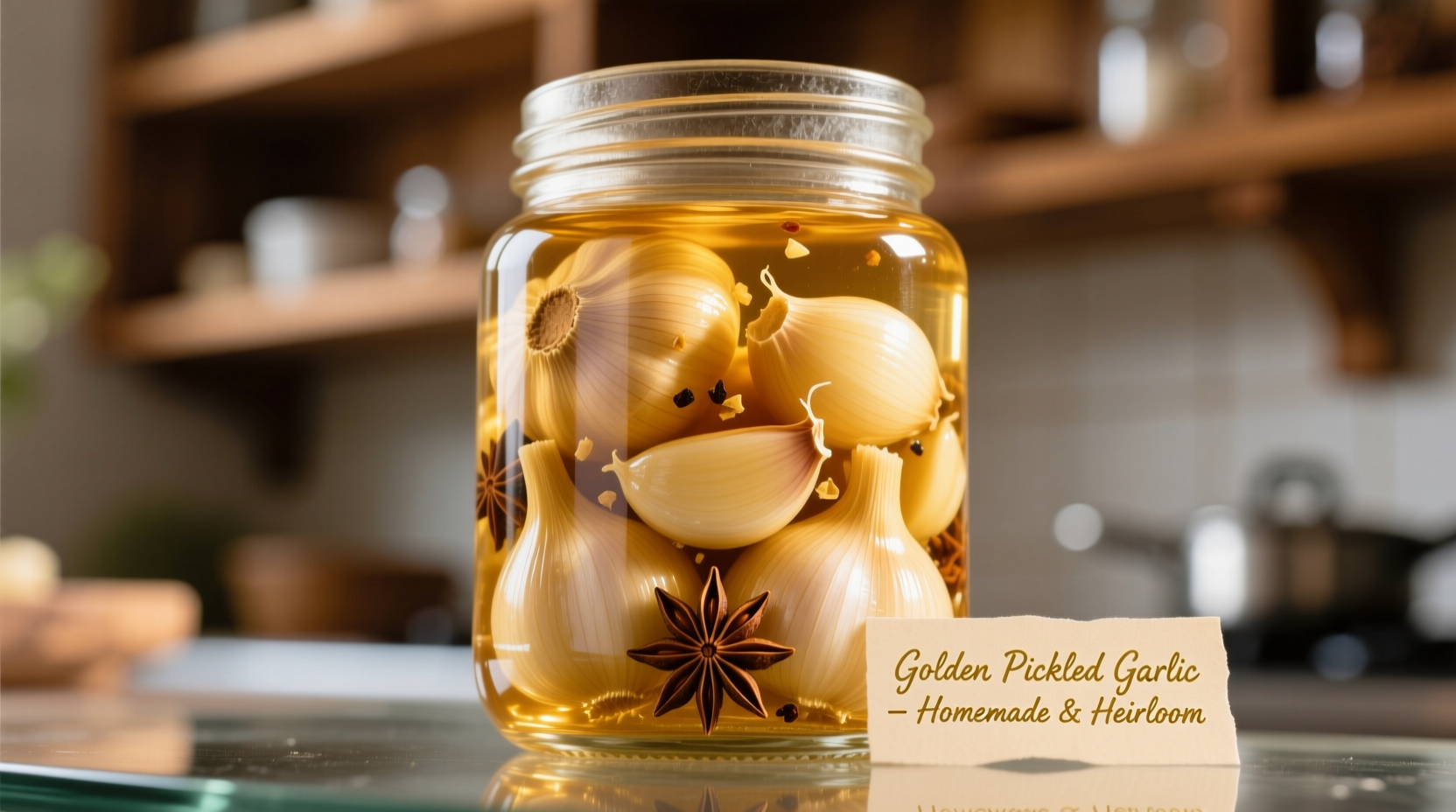 Close-up of golden pickled garlic cloves in mason jar