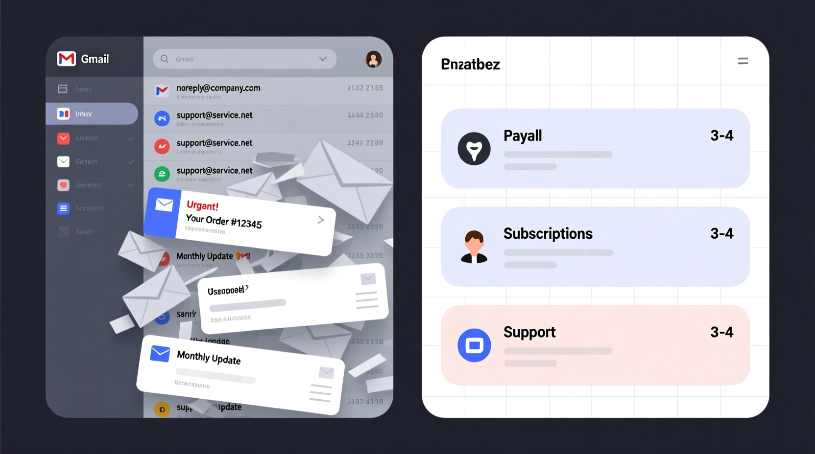 Side-by-side comparison showing two Gmail inbox views: left shows chaotic inbox with mixed senders and unsorted subjects; right shows cleanly labeled sections—'Payroll', 'Subscriptions', 'Support'—with consistent sender-domain icons next to each label