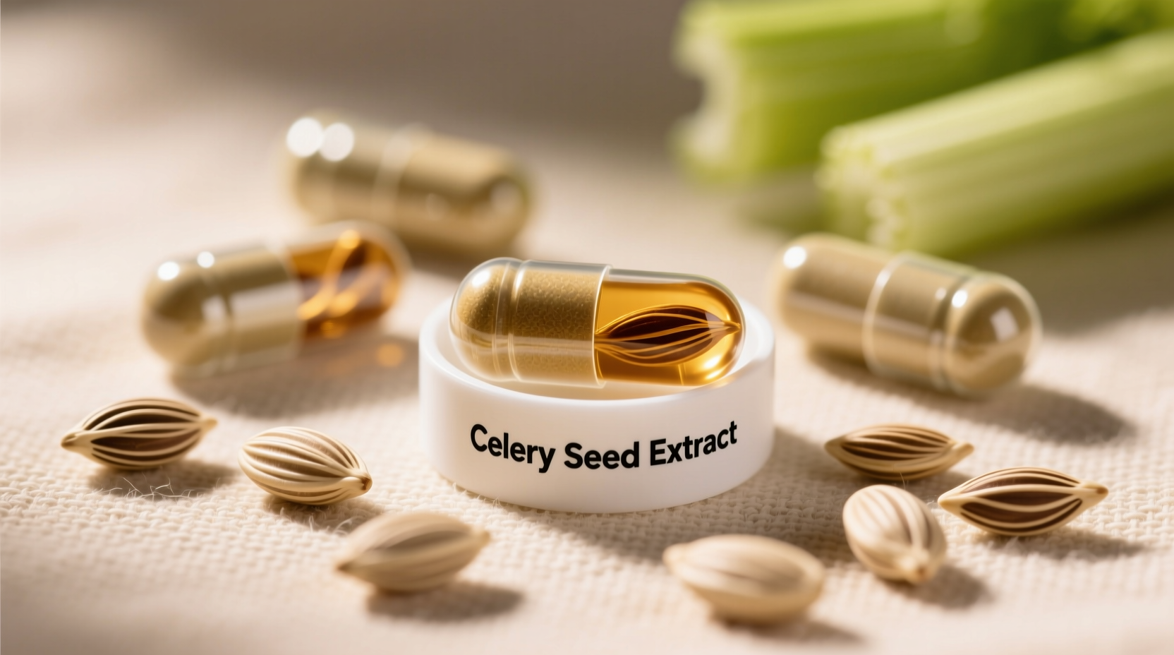 Celery seed extract capsules and whole seeds