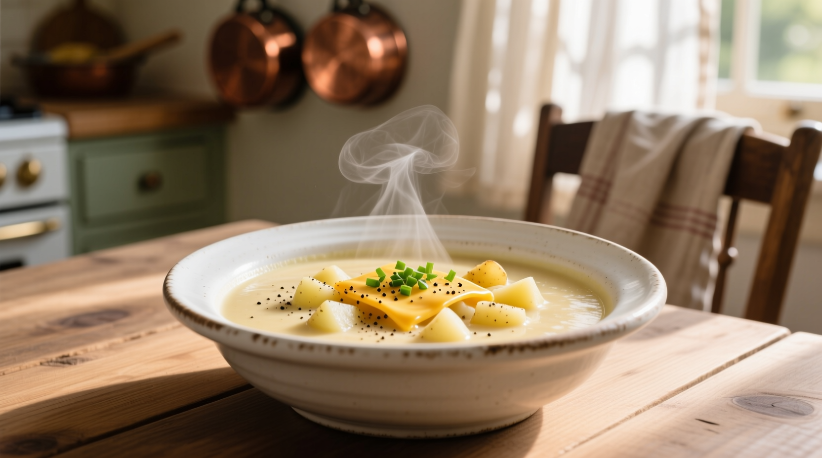 Creamy potato cheddar soup in white bowl