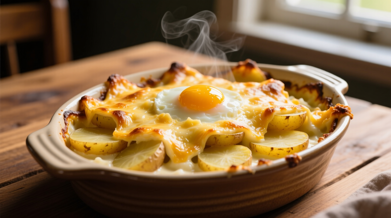 Golden egg and potato casserole with melted cheese topping