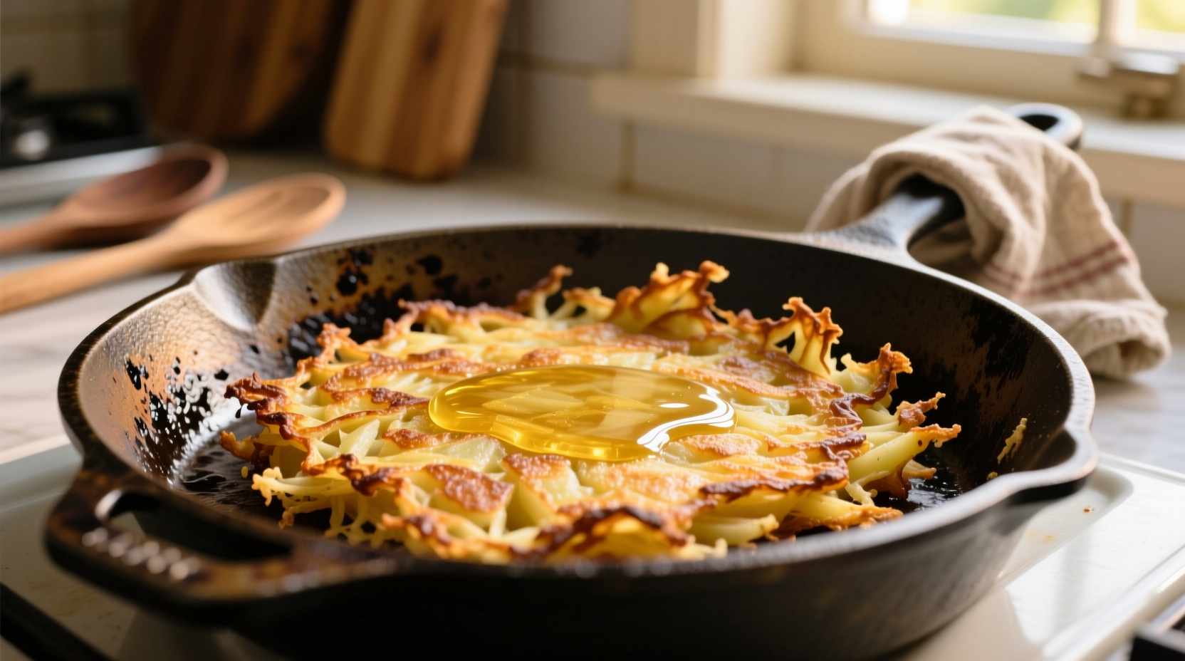 Golden brown potato rosti with crispy edges on cast iron skillet