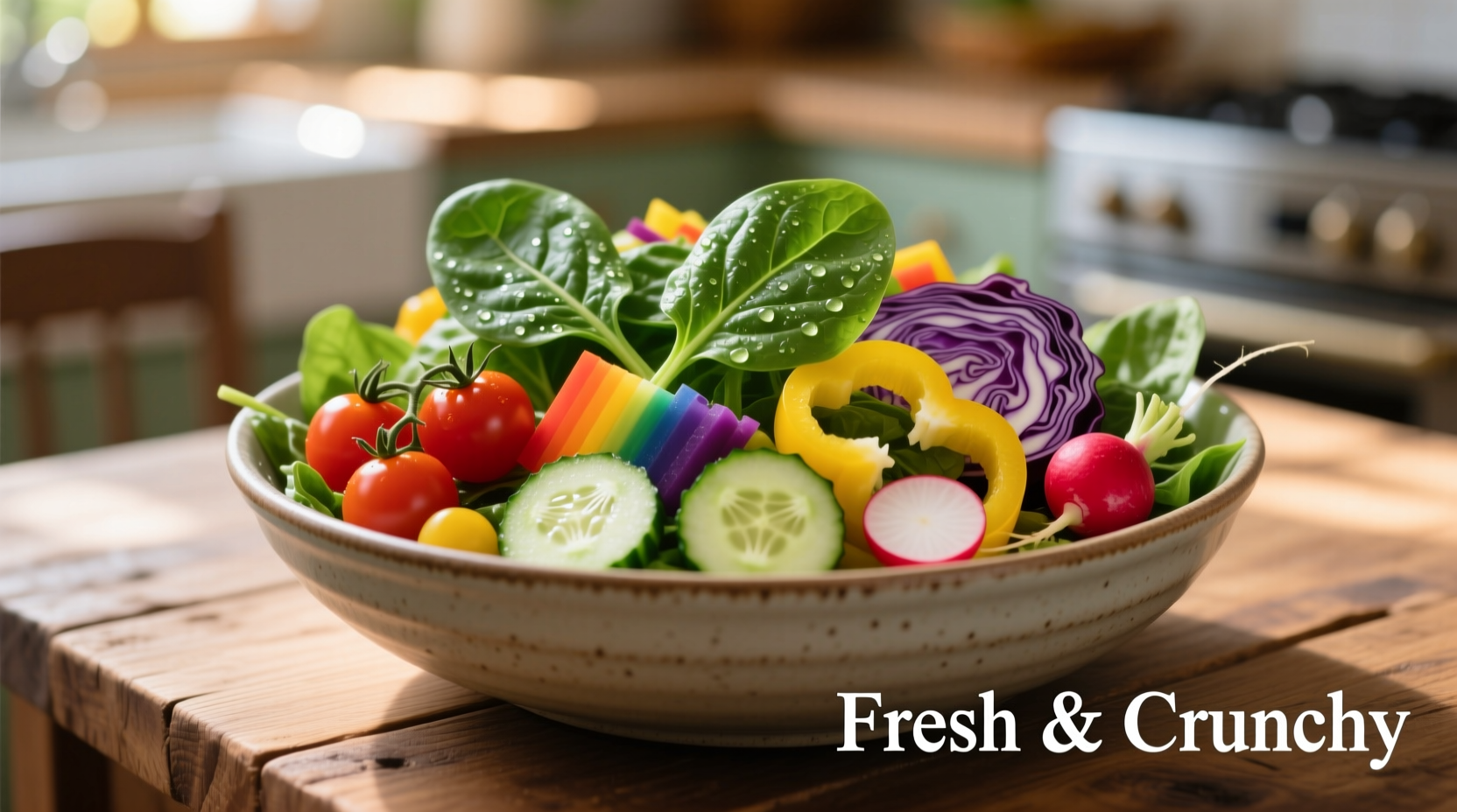 Fresh spinach leaves in a salad bowl with colorful vegetables