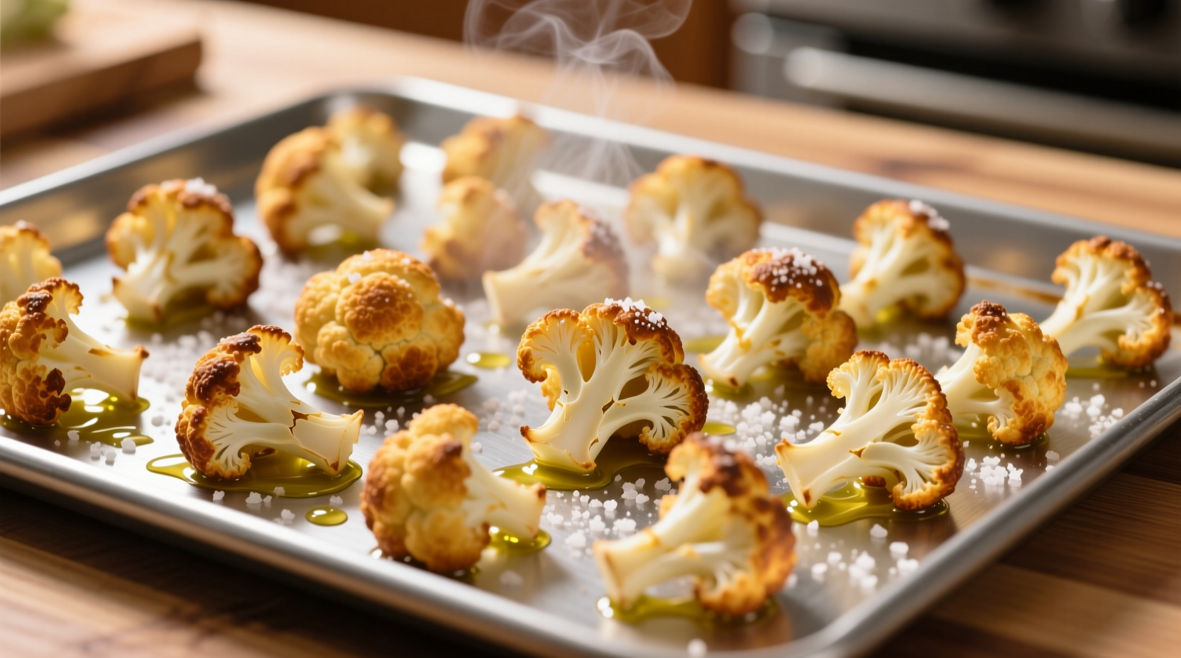 Golden crispy baked cauliflower florets on baking sheet