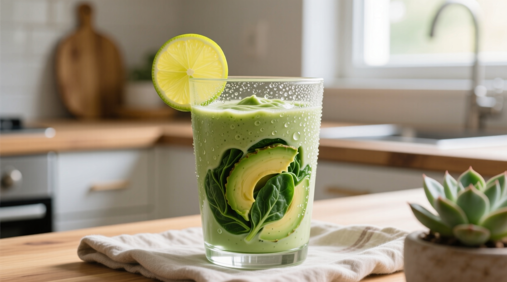Creamy green spinach avocado smoothie in glass