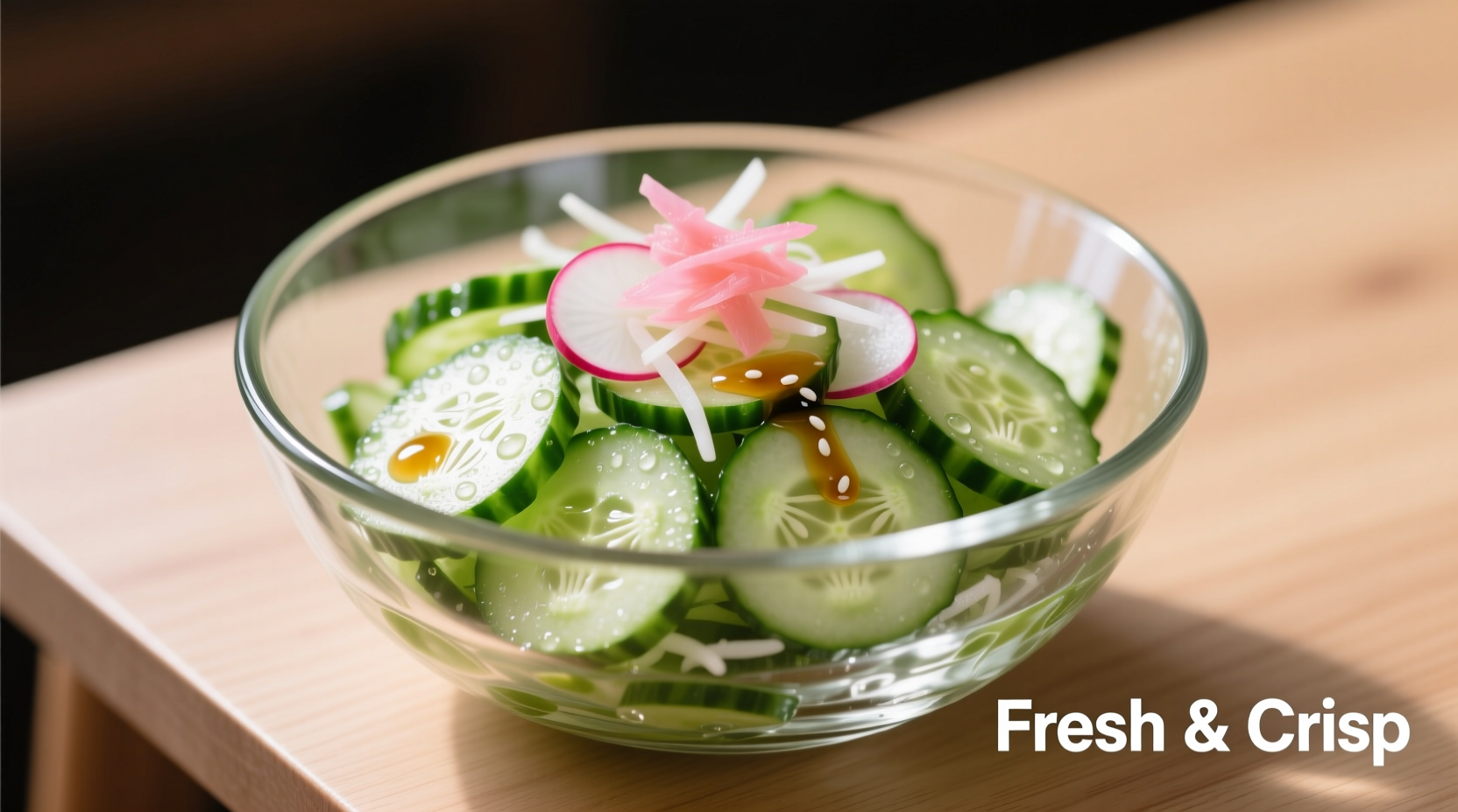 Crisp cucumber salad in glass bowl