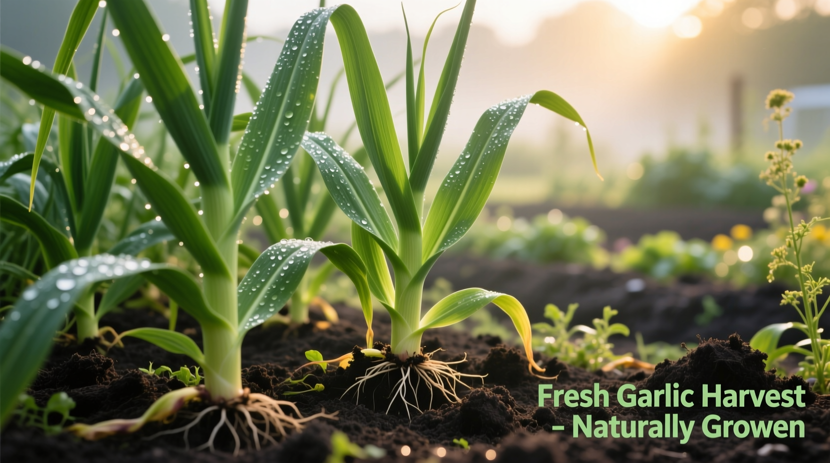 Healthy garlic plants growing in garden soil