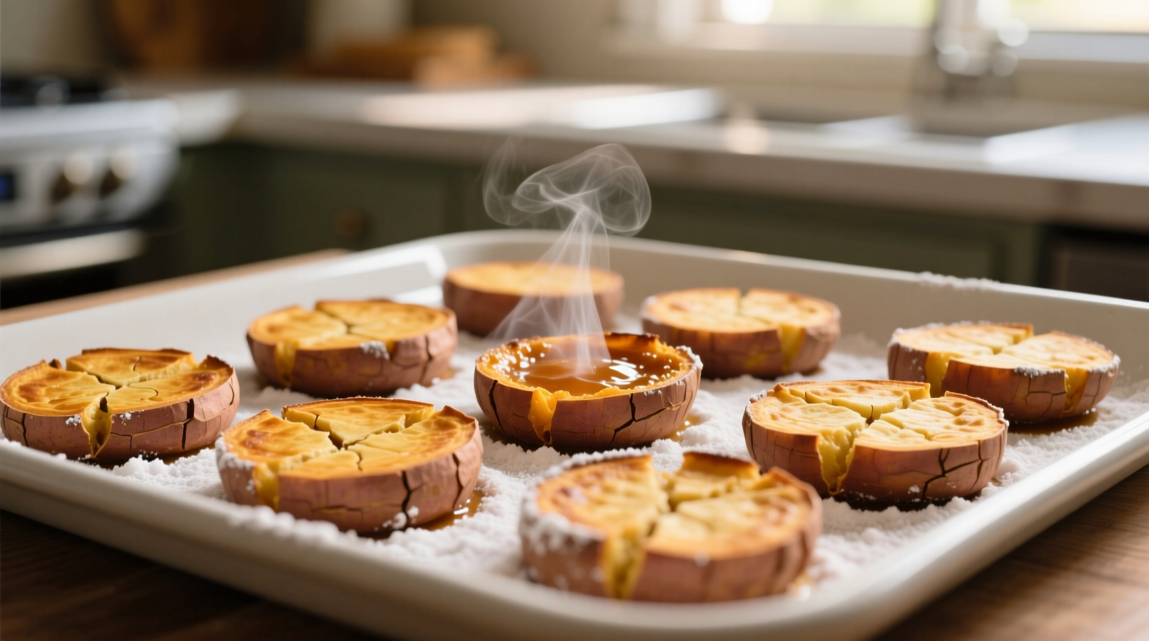 Golden brown sweet potato jacks on baking sheet