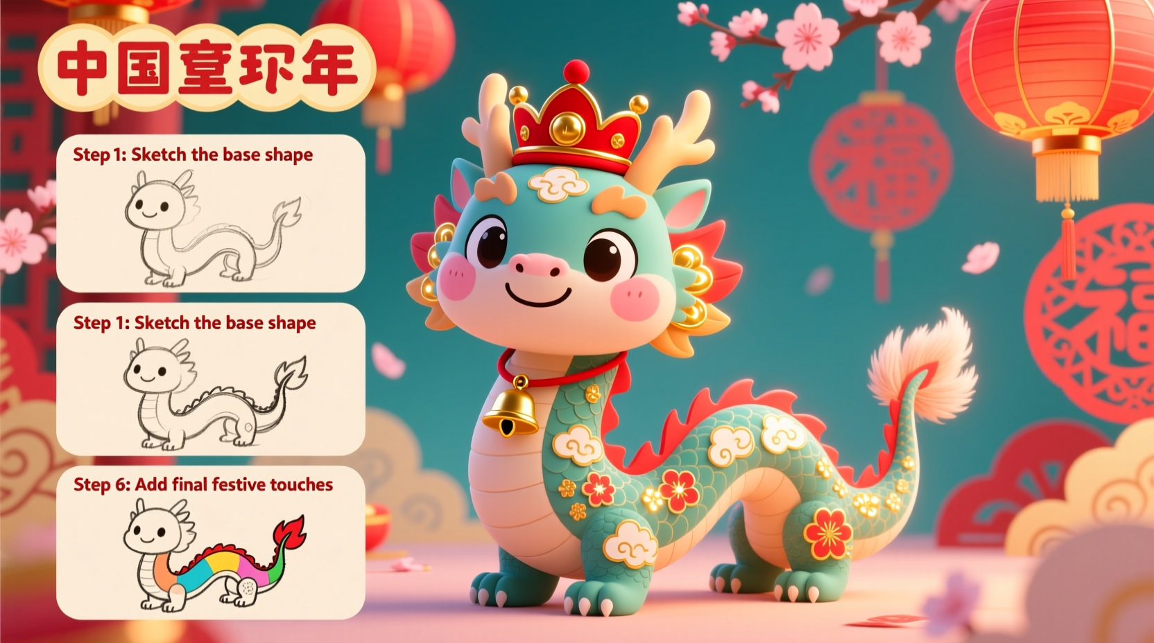 How to Draw a Cute Chinese New Year Dragon Step by Step, image size:1664x928