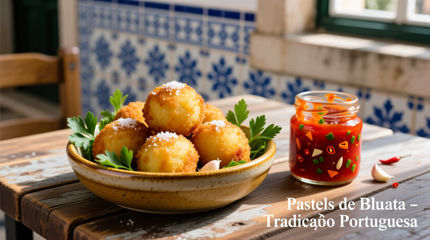 Traditional Portuguese potato croquettes served with piri-piri sauce