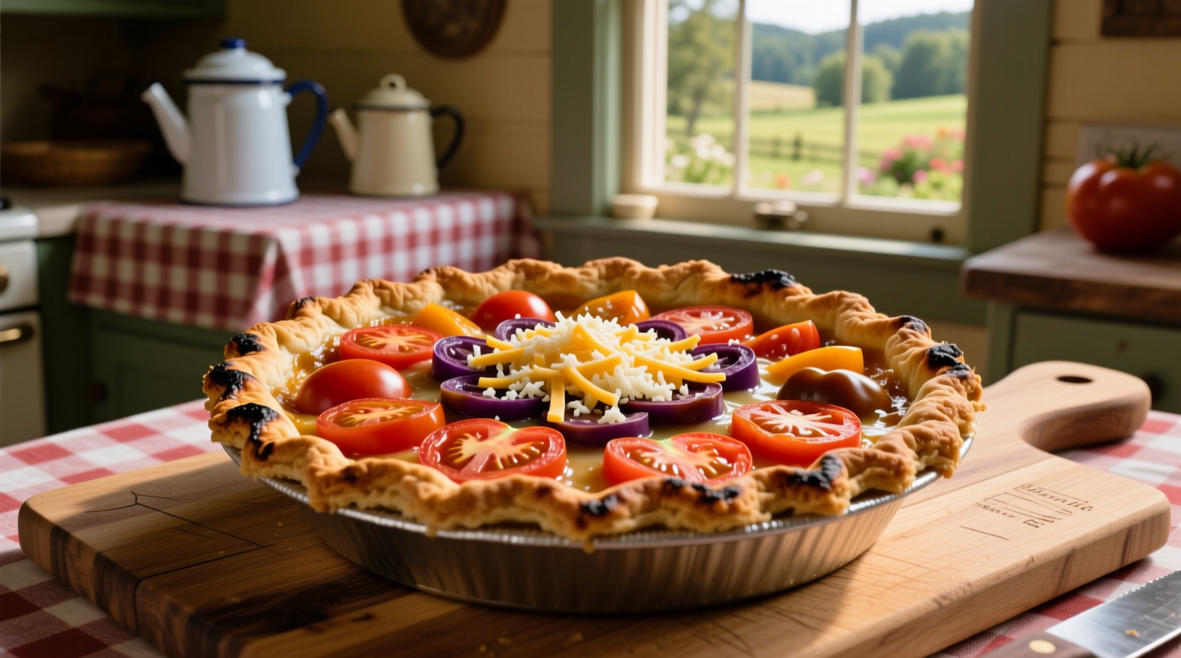 Traditional Pennsylvania Dutch tomato pie with thick crust and minimal cheese