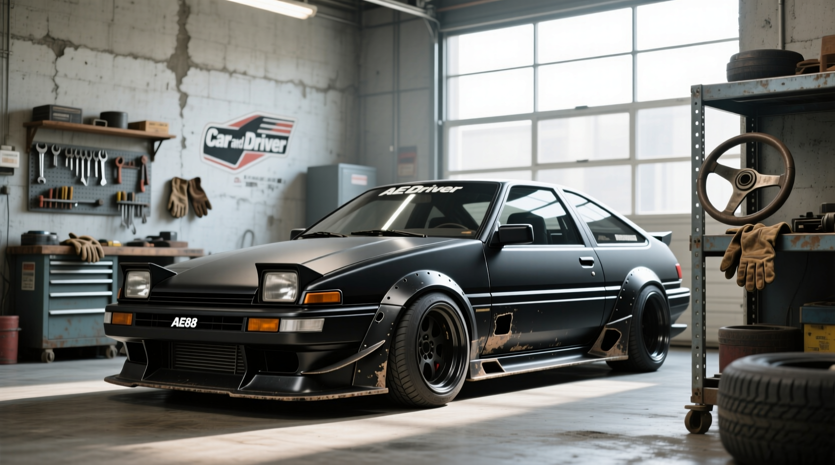 Toyota AE86 with extended side skirts giving aggressive stance