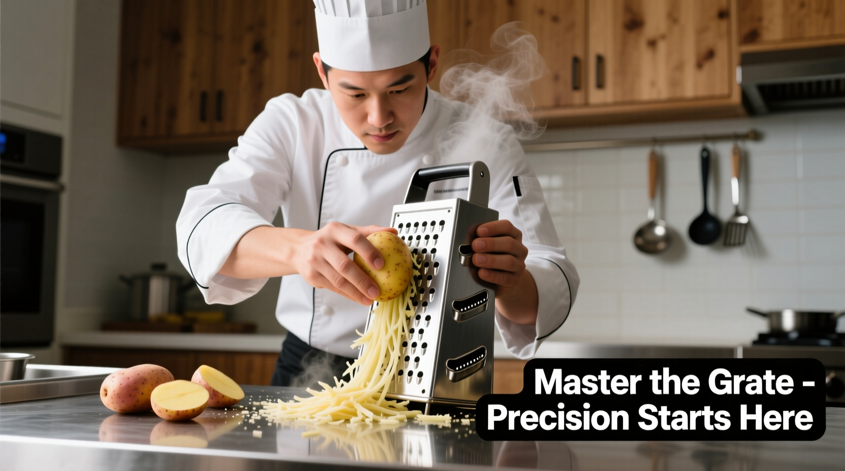 Chef demonstrating proper potato shredding technique with box grater