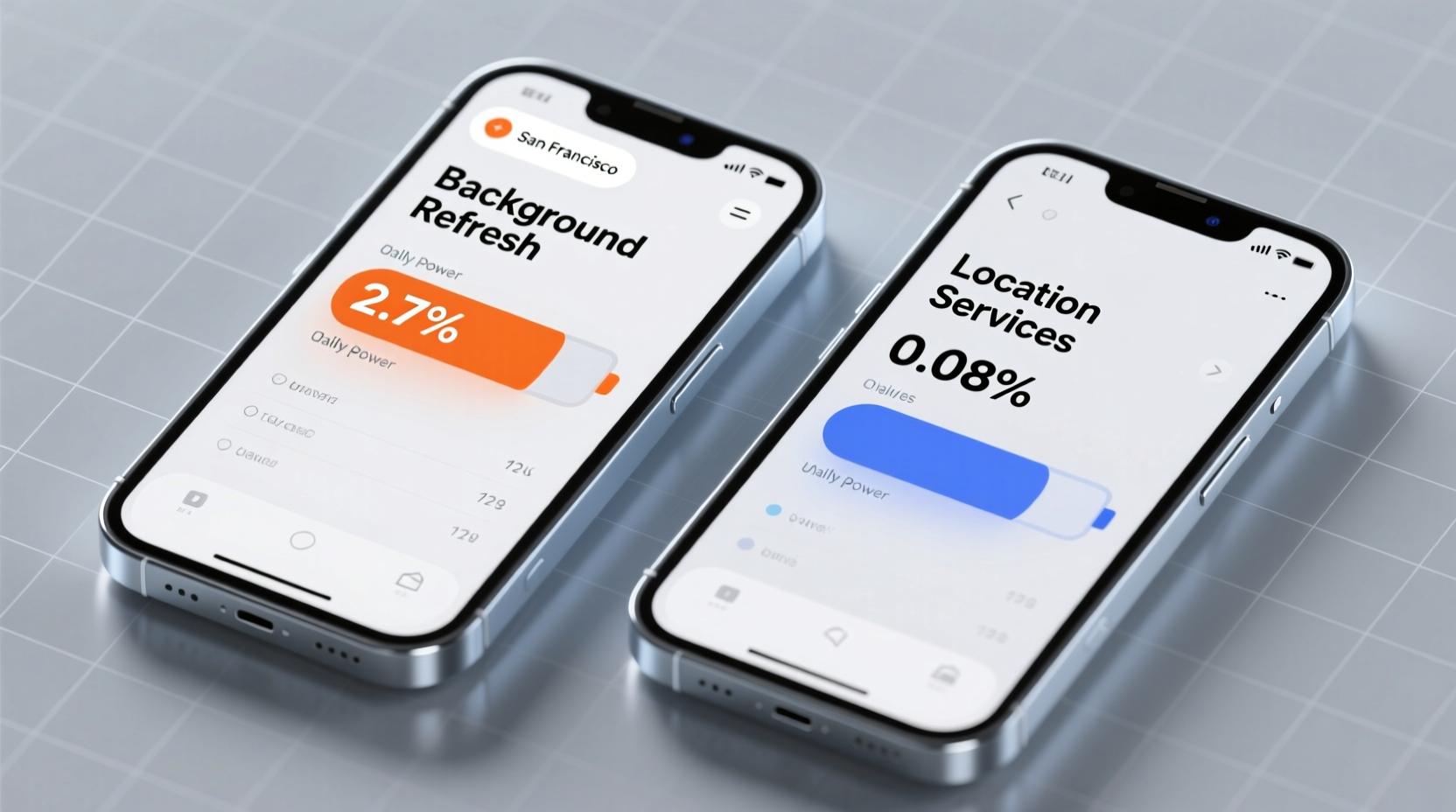 Side-by-side smartphone screens showing battery usage breakdown: left screen highlights 'Background Refresh' consuming 2.7% of daily power, right screen shows 'Location Services' contributing 0.08%, both labeled with clean, minimalist UI annotations