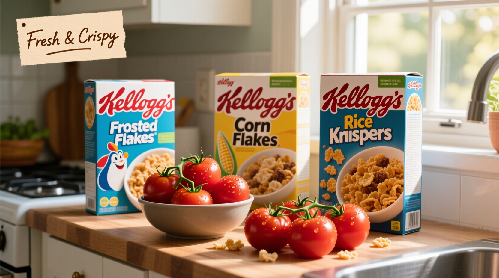Kellogg's cereal boxes next to fresh tomatoes