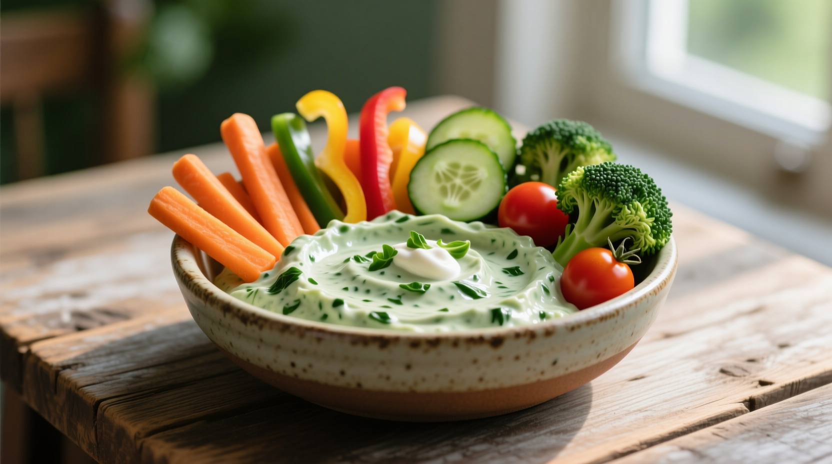 Creamy spinach dip in bowl with vegetable dippers
