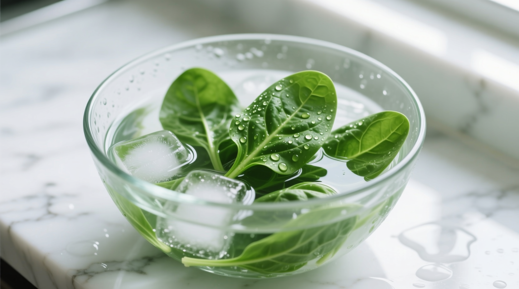 Fresh spinach leaves reviving in ice water bath