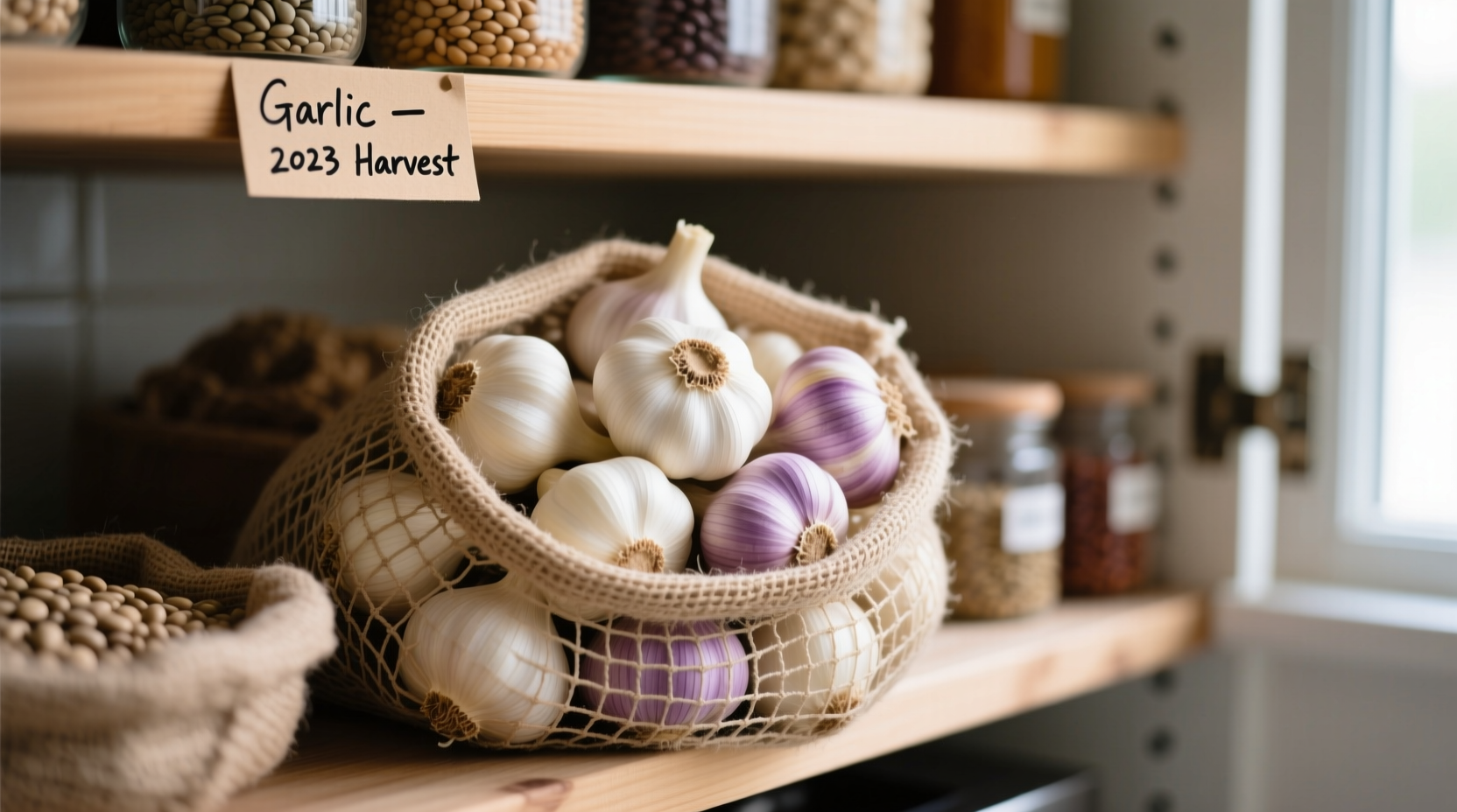 Garlic bulbs stored in mesh bag with proper pantry conditions