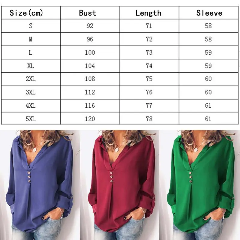 New Fashion Women Spring Autumn Chiffon Long Sleeve V-neck Girls Solid Button Plus Size Loose Tops T-shirt Blouse