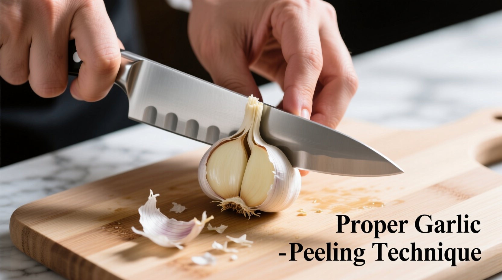 Hand demonstrating proper garlic peeling technique with knife