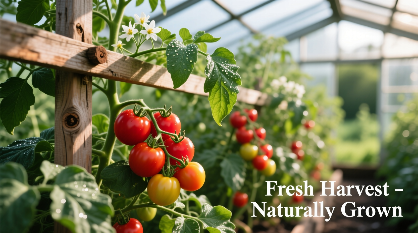 Healthy tomato plants with red fruits on a trellis system